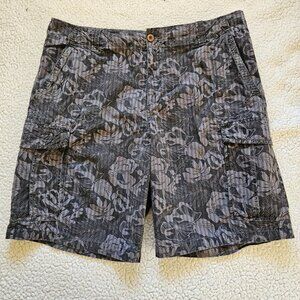 Route 66 Mens 40 Floral Hawaiian Tropical Gray Stripes Chino Cargo Shorts